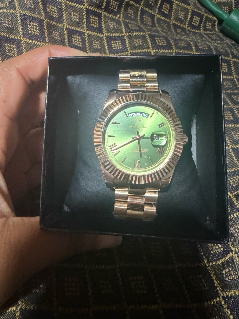 Gold-Tone Men's Watch with Green Dial and Day Display